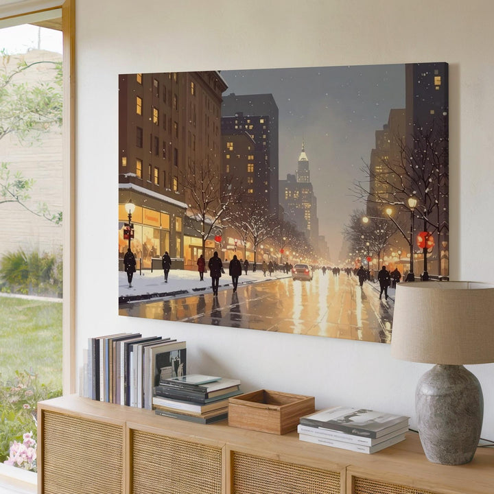 Golden City Glow – Holiday Night Street Canvas with Winter Nostalgia - Gifitto