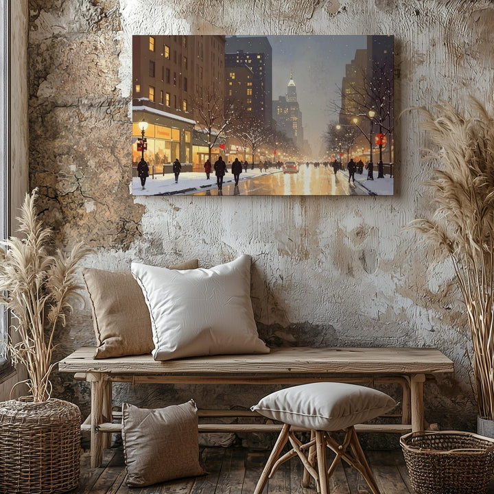 Golden City Glow – Holiday Night Street Canvas with Winter Nostalgia - Gifitto