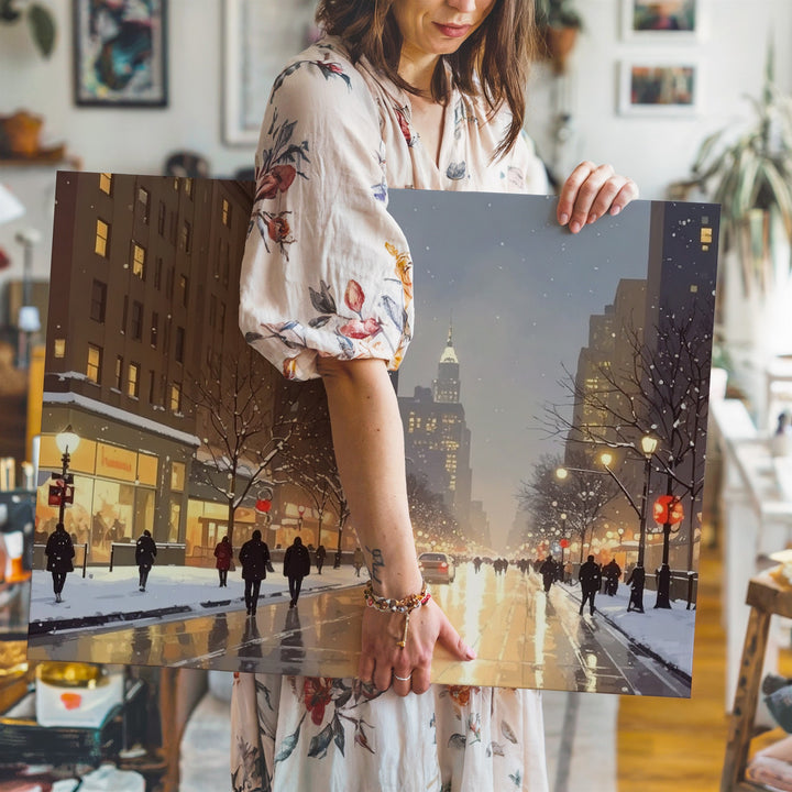 Golden City Glow – Holiday Night Street Canvas with Winter Nostalgia - Gifitto