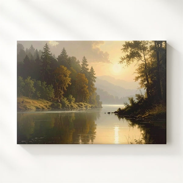 Tranquil River Reflection Canvas – Serene Forest & Misty Hills Landscape - Gifitto