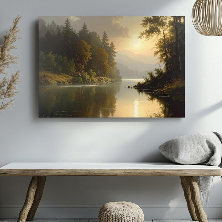 Tranquil River Reflection Canvas – Serene Forest & Misty Hills Landscape - Gifitto