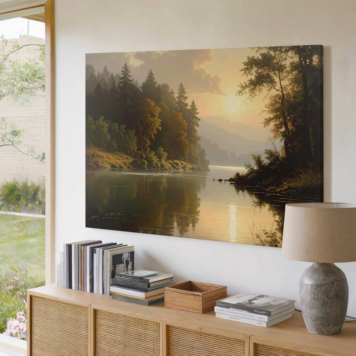Tranquil River Reflection Canvas – Serene Forest & Misty Hills Landscape - Gifitto