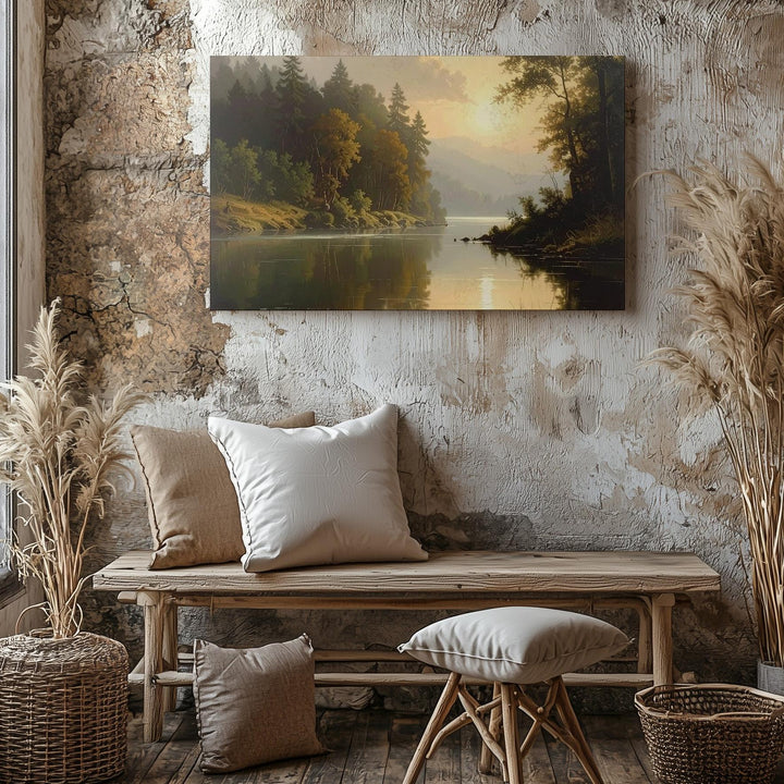 Tranquil River Reflection Canvas – Serene Forest & Misty Hills Landscape - Gifitto