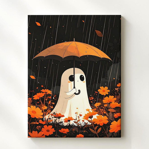 Rainy Day Ghost Canvas – Cute Halloween Art with Flowers & Umbrella - Gifitto