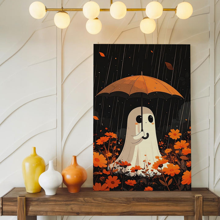 Rainy Day Ghost Canvas – Cute Halloween Art with Flowers & Umbrella - Gifitto