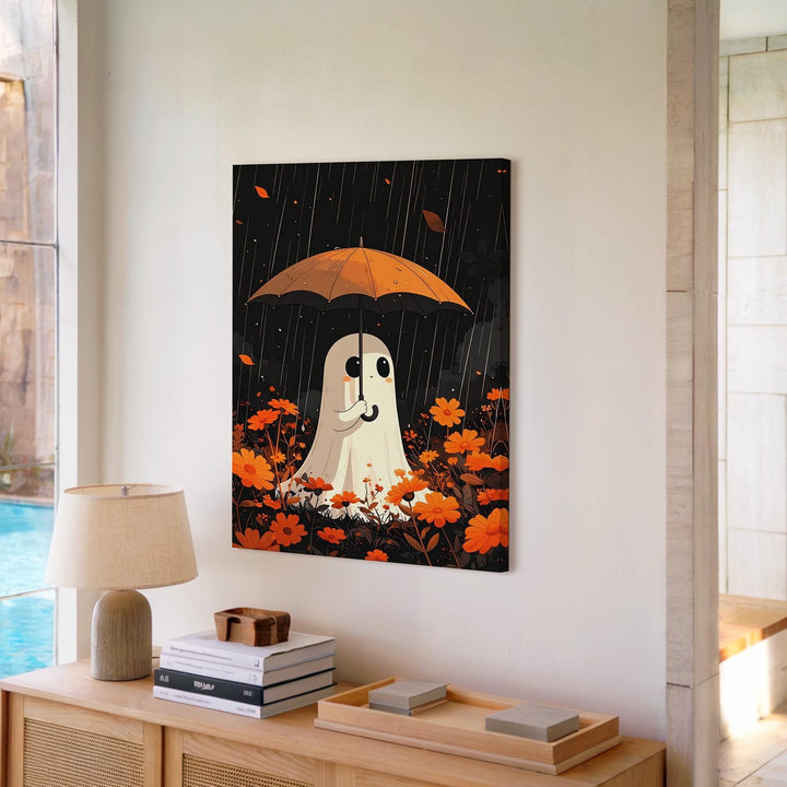 Rainy Day Ghost Canvas – Cute Halloween Art with Flowers & Umbrella - Gifitto