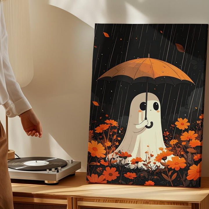 Rainy Day Ghost Canvas – Cute Halloween Art with Flowers & Umbrella - Gifitto