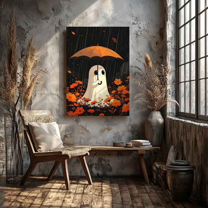 Rainy Day Ghost Canvas – Cute Halloween Art with Flowers & Umbrella - Gifitto