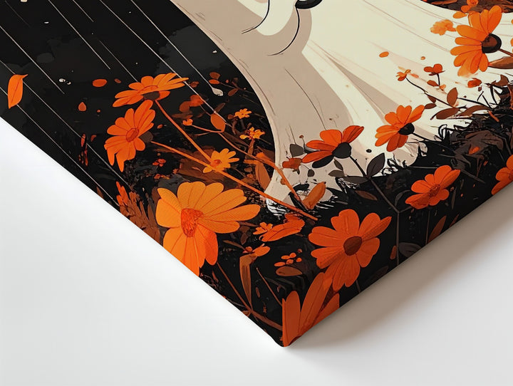Rainy Day Ghost Canvas – Cute Halloween Art with Flowers & Umbrella - Gifitto