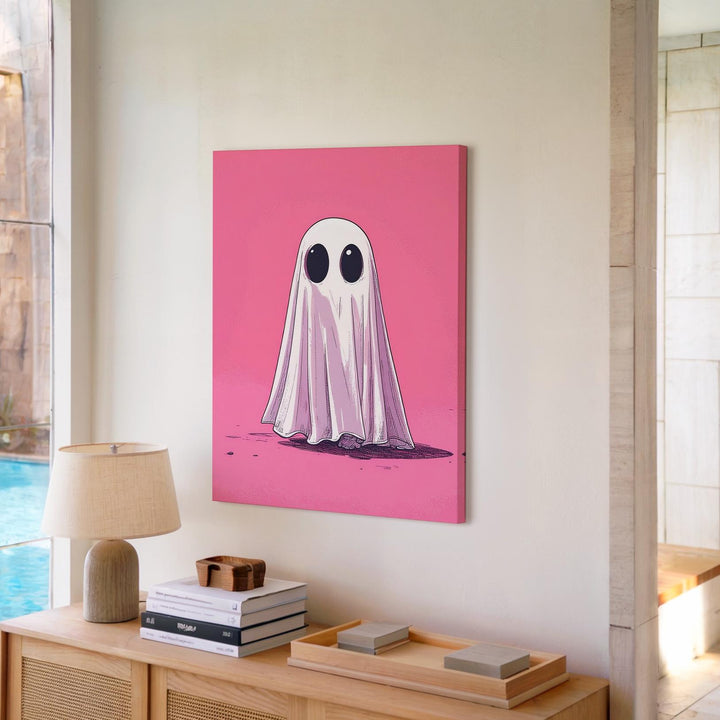 Retro Cartoon Ghost Canvas – Bold Pink Halloween Wall Art - Gifitto