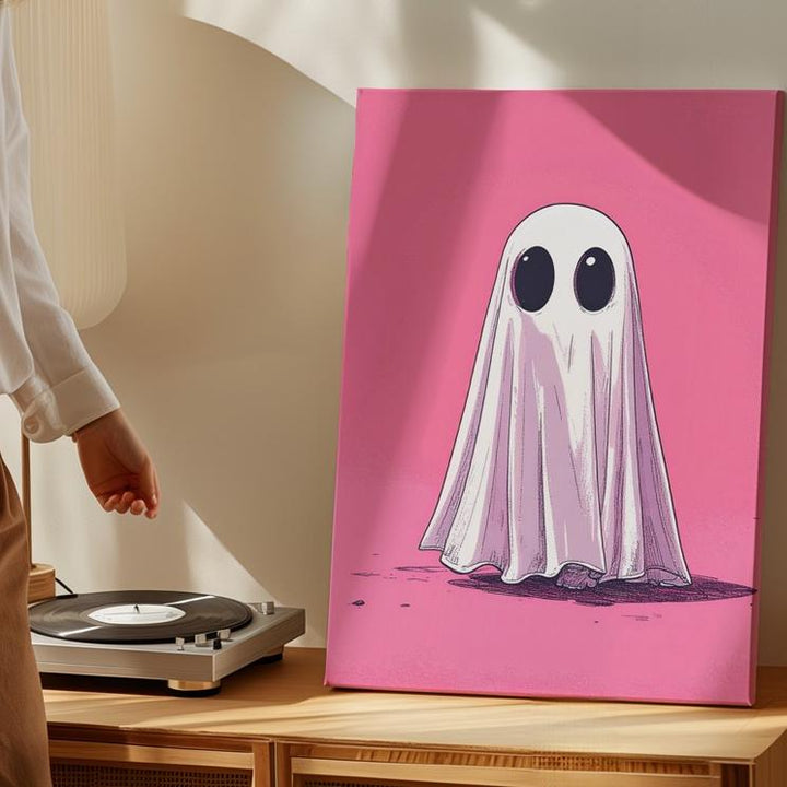 Retro Cartoon Ghost Canvas – Bold Pink Halloween Wall Art - Gifitto