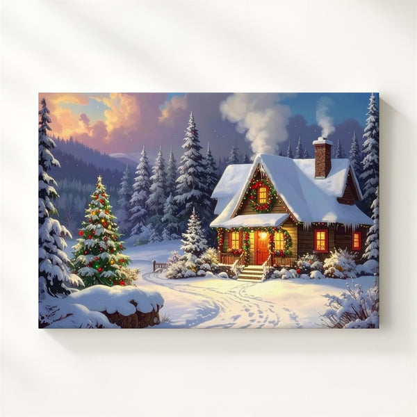Festive Christmas Cottage Canvas – Cozy Holiday Home with Glowing Lights - Gifitto
