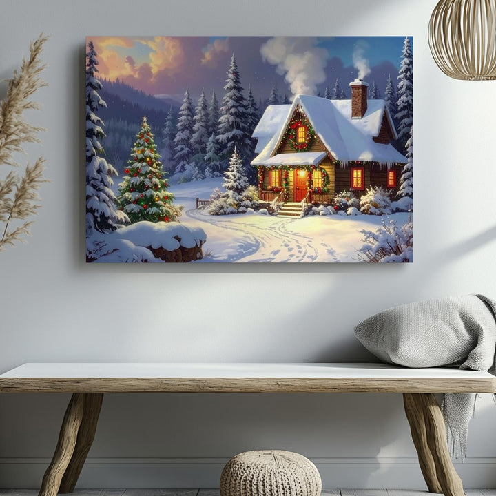 Festive Christmas Cottage Canvas – Cozy Holiday Home with Glowing Lights - Gifitto