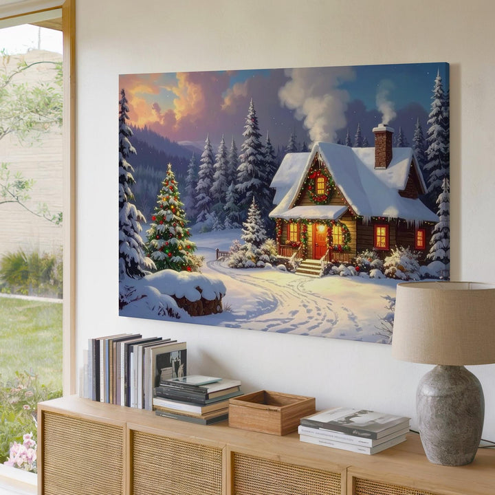 Festive Christmas Cottage Canvas – Cozy Holiday Home with Glowing Lights - Gifitto