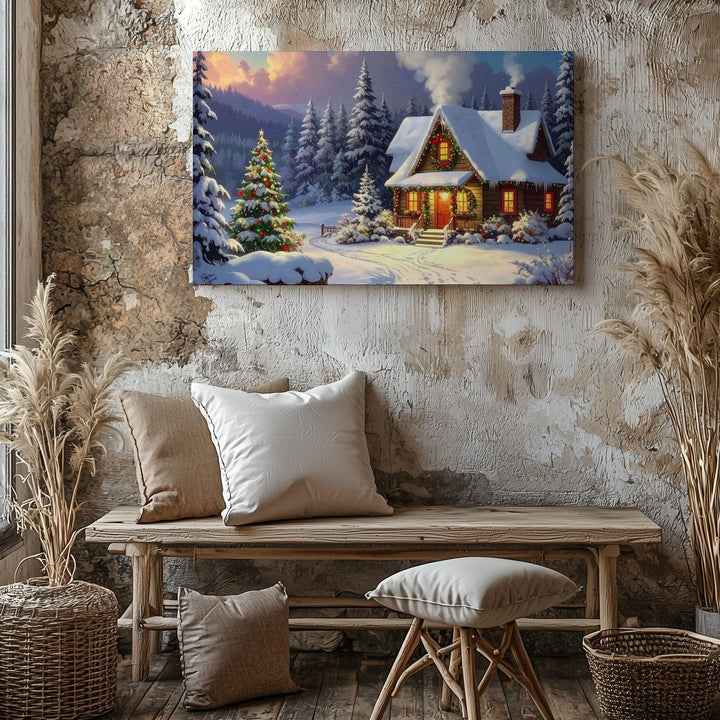 Festive Christmas Cottage Canvas – Cozy Holiday Home with Glowing Lights - Gifitto