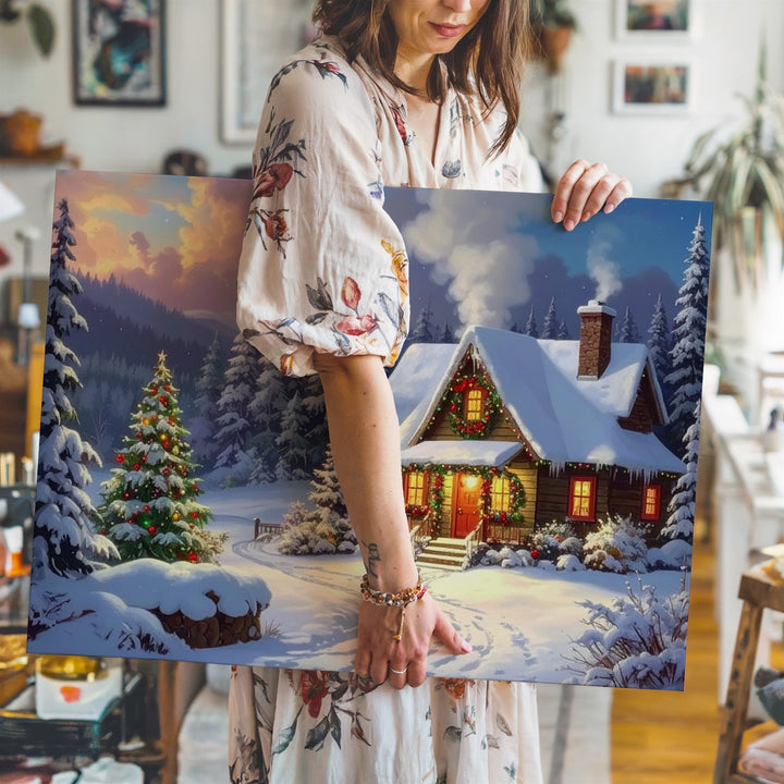 Festive Christmas Cottage Canvas – Cozy Holiday Home with Glowing Lights - Gifitto