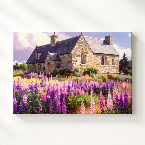Blooming Sanctuary Canvas – Countryside Church with Foxgloves & Soft Sky - Gifitto