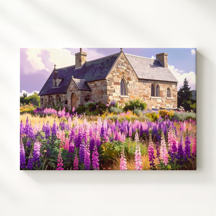 Blooming Sanctuary Canvas – Countryside Church with Foxgloves & Soft Sky - Gifitto