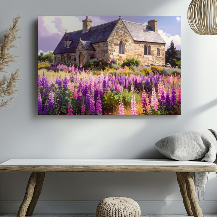 Blooming Sanctuary Canvas – Countryside Church with Foxgloves & Soft Sky - Gifitto