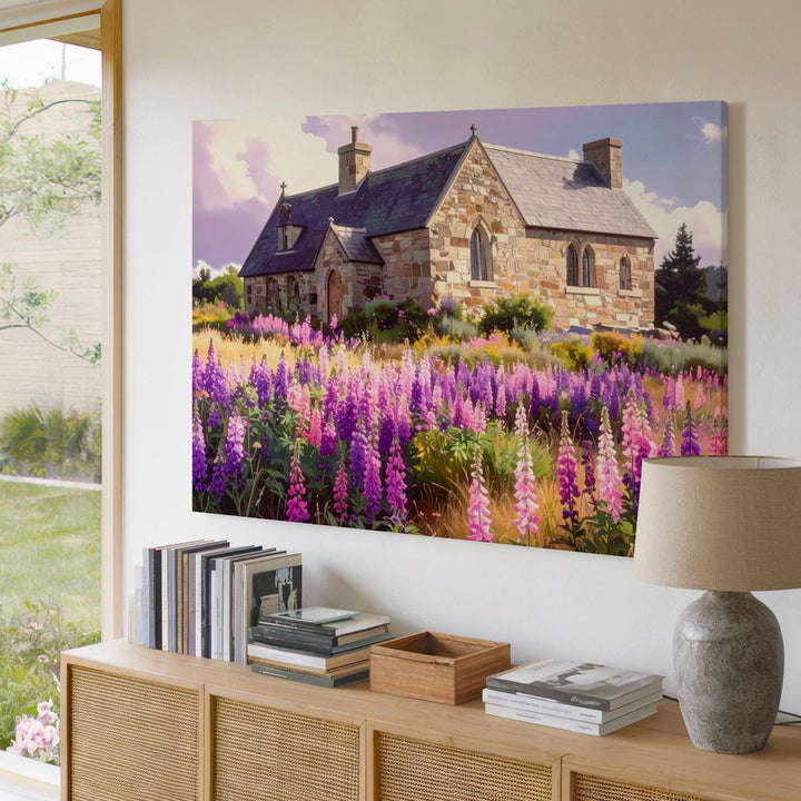 Blooming Sanctuary Canvas – Countryside Church with Foxgloves & Soft Sky - Gifitto