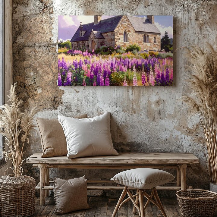 Blooming Sanctuary Canvas – Countryside Church with Foxgloves & Soft Sky - Gifitto