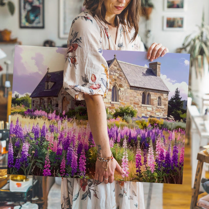 Blooming Sanctuary Canvas – Countryside Church with Foxgloves & Soft Sky - Gifitto