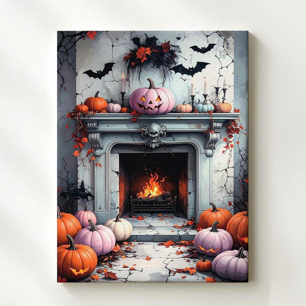 Pastel Halloween Fireplace Canvas – Shabby-Chic Wall Art with Pumpkins & Bats - Gifitto
