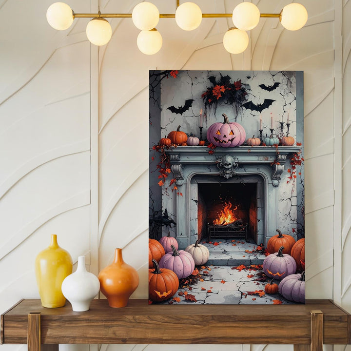 Pastel Halloween Fireplace Canvas – Shabby-Chic Wall Art with Pumpkins & Bats - Gifitto