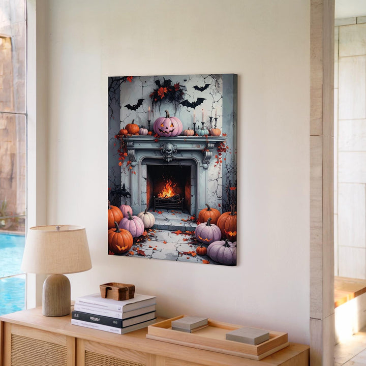 Pastel Halloween Fireplace Canvas – Shabby-Chic Wall Art with Pumpkins & Bats - Gifitto