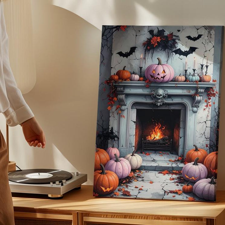 Pastel Halloween Fireplace Canvas – Shabby-Chic Wall Art with Pumpkins & Bats - Gifitto