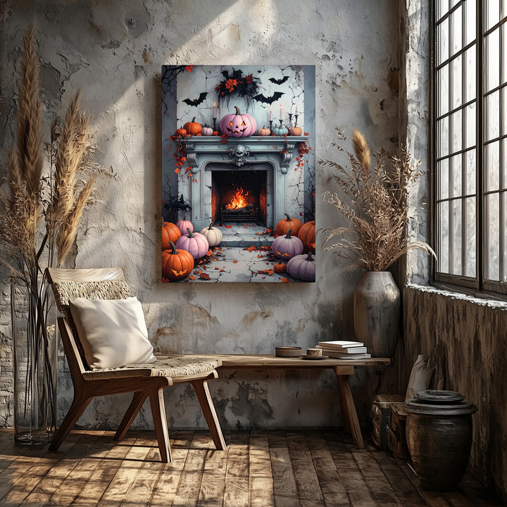 Pastel Halloween Fireplace Canvas – Shabby-Chic Wall Art with Pumpkins & Bats - Gifitto