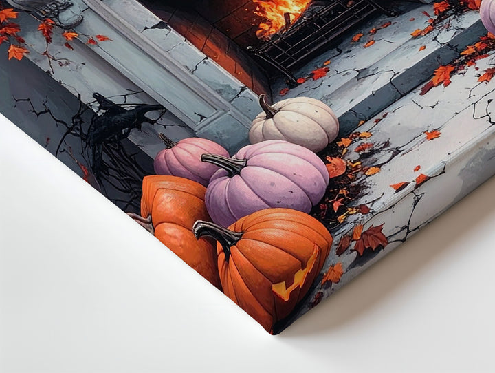 Pastel Halloween Fireplace Canvas – Shabby-Chic Wall Art with Pumpkins & Bats - Gifitto