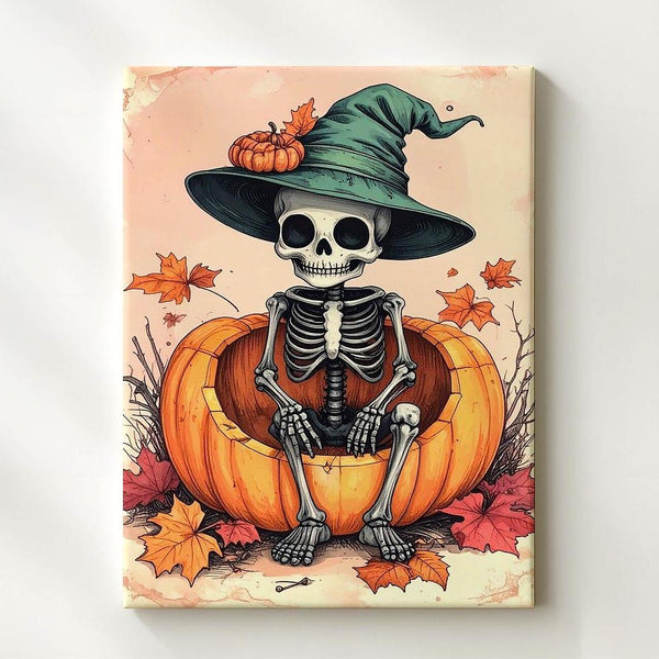Skeleton Child in Pumpkin Canvas – Whimsical Halloween Nursery Art - Gifitto