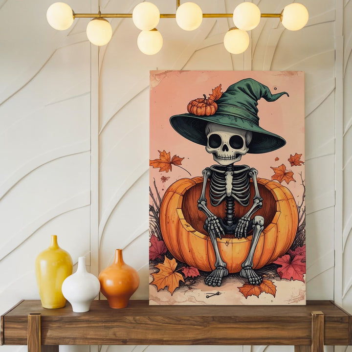 Skeleton Child in Pumpkin Canvas – Whimsical Halloween Nursery Art - Gifitto