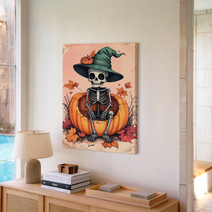 Skeleton Child in Pumpkin Canvas – Whimsical Halloween Nursery Art - Gifitto