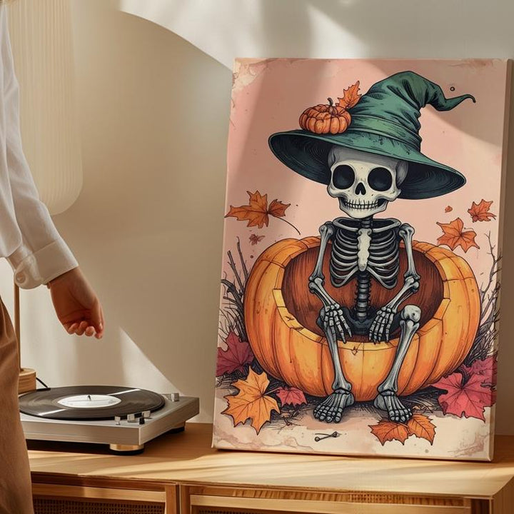 Skeleton Child in Pumpkin Canvas – Whimsical Halloween Nursery Art - Gifitto