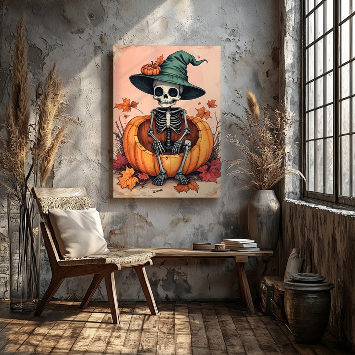 Skeleton Child in Pumpkin Canvas – Whimsical Halloween Nursery Art - Gifitto