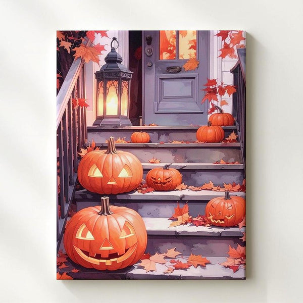 Cozy Halloween Porch Canvas – Glowing Lanterns & Pumpkin Decor Art - Gifitto