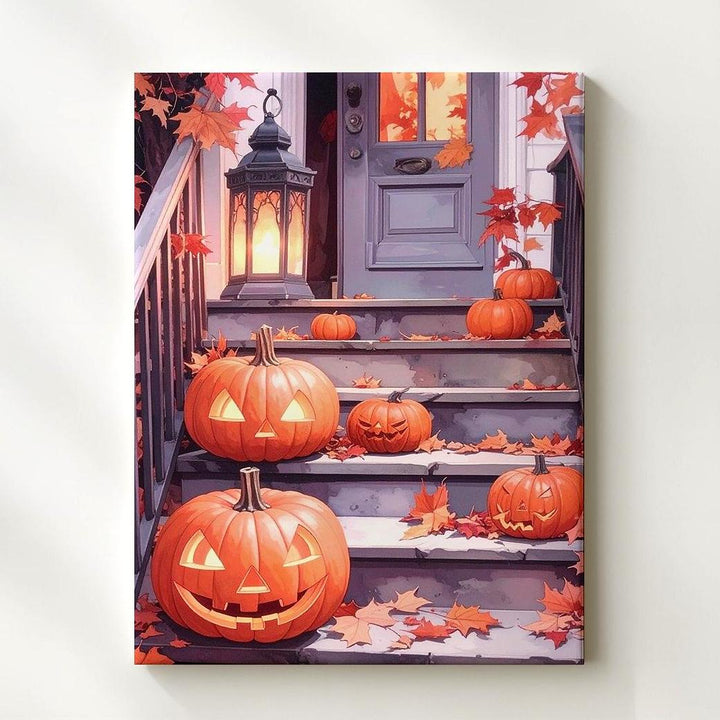 Cozy Halloween Porch Canvas – Glowing Lanterns & Pumpkin Decor Art - Gifitto