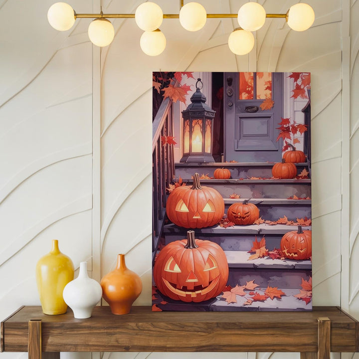 Cozy Halloween Porch Canvas – Glowing Lanterns & Pumpkin Decor Art - Gifitto