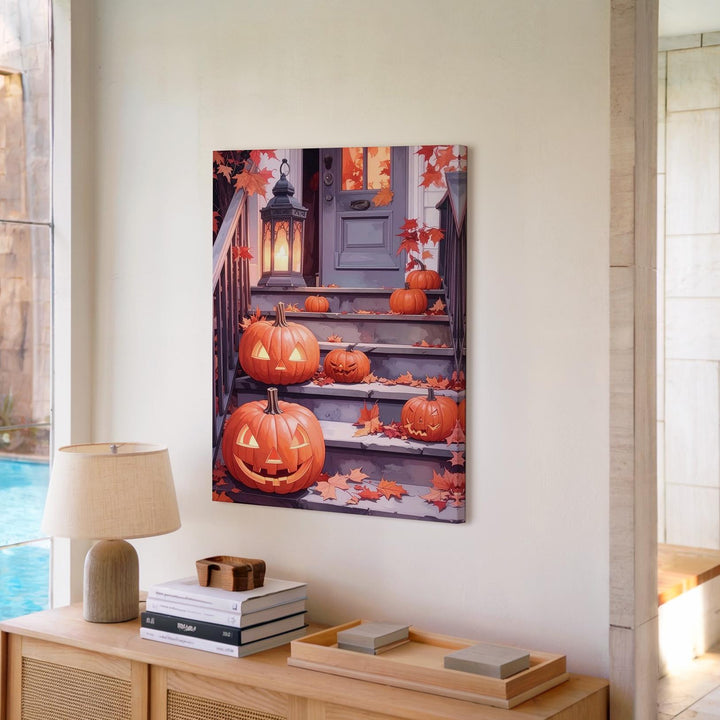 Cozy Halloween Porch Canvas – Glowing Lanterns & Pumpkin Decor Art - Gifitto