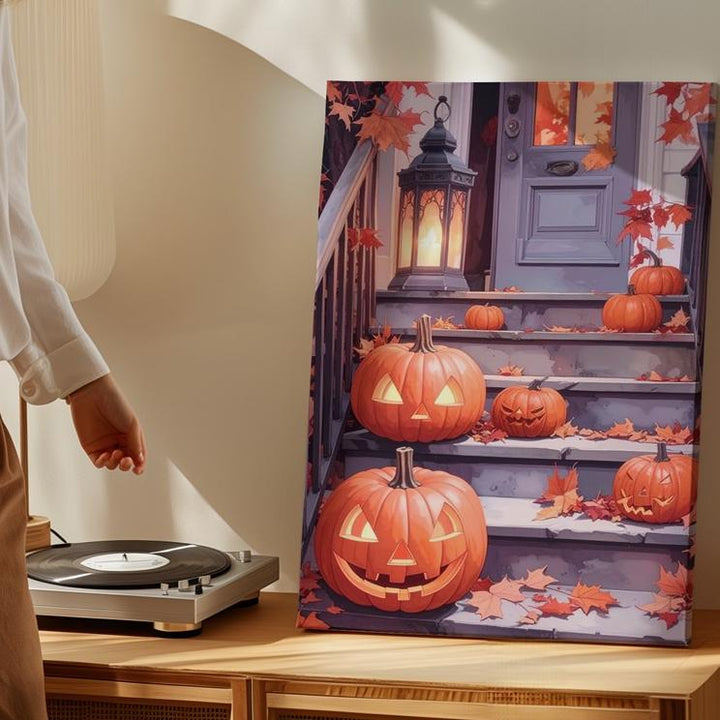 Cozy Halloween Porch Canvas – Glowing Lanterns & Pumpkin Decor Art - Gifitto