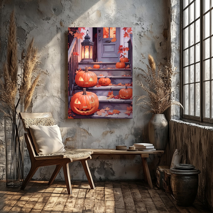 Cozy Halloween Porch Canvas – Glowing Lanterns & Pumpkin Decor Art - Gifitto