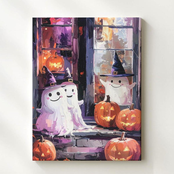 Smiling Ghosts & Pumpkin Friends Canvas – Cozy Painterly Halloween Window Art - Gifitto