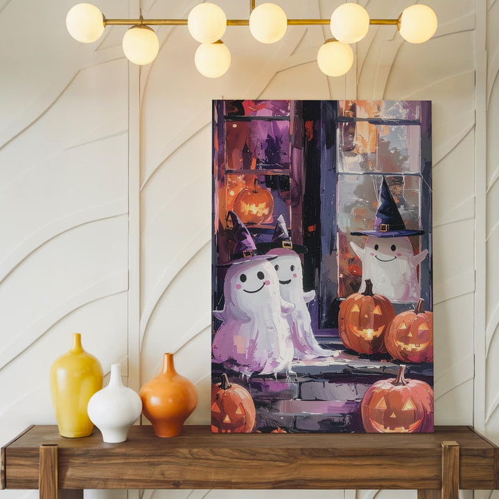 Smiling Ghosts & Pumpkin Friends Canvas – Cozy Painterly Halloween Window Art - Gifitto