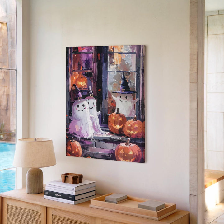 Smiling Ghosts & Pumpkin Friends Canvas – Cozy Painterly Halloween Window Art - Gifitto