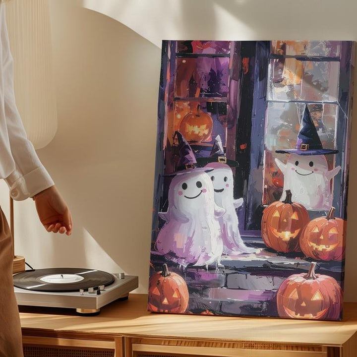 Smiling Ghosts & Pumpkin Friends Canvas – Cozy Painterly Halloween Window Art - Gifitto