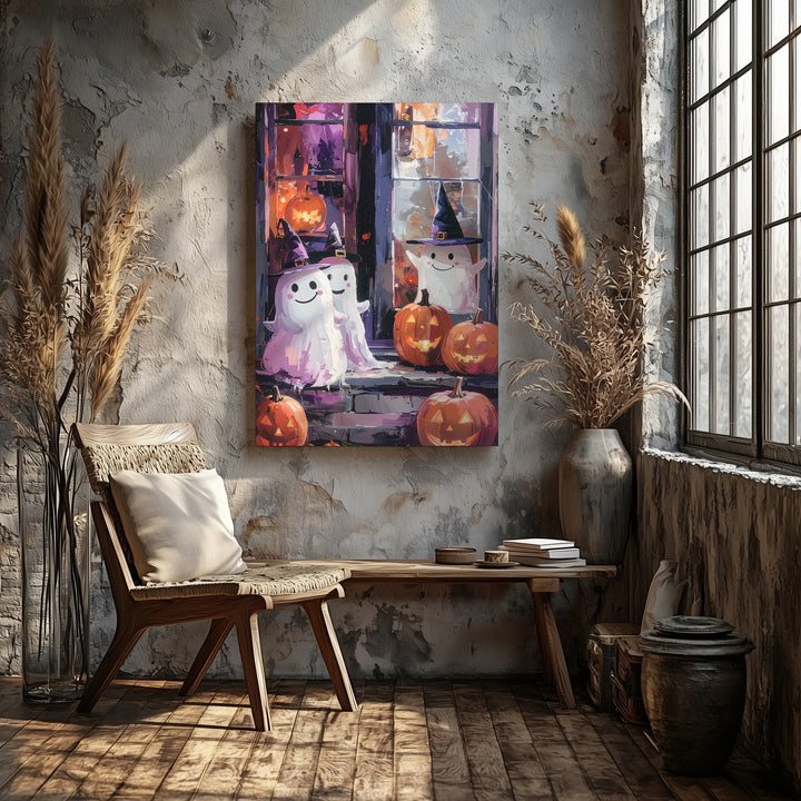 Smiling Ghosts & Pumpkin Friends Canvas – Cozy Painterly Halloween Window Art - Gifitto