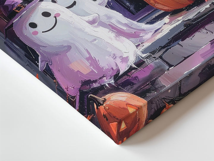 Smiling Ghosts & Pumpkin Friends Canvas – Cozy Painterly Halloween Window Art - Gifitto