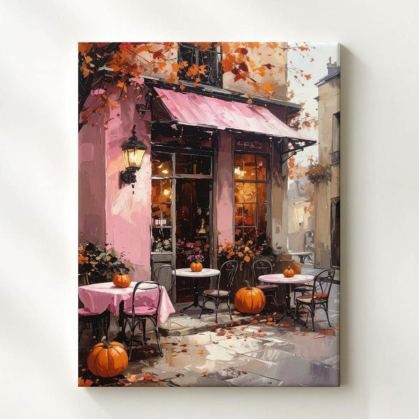 Charming Pink Café Canvas – Whimsical Halloween Village Art - Gifitto